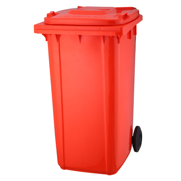 Basurero 120 lts ROJO con tapadera y ruedas sin pedal
